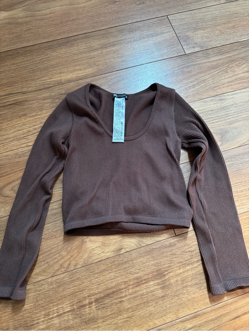Zara Chocolate Brown Ribbed Scoop-Neck Long Sleeve Top